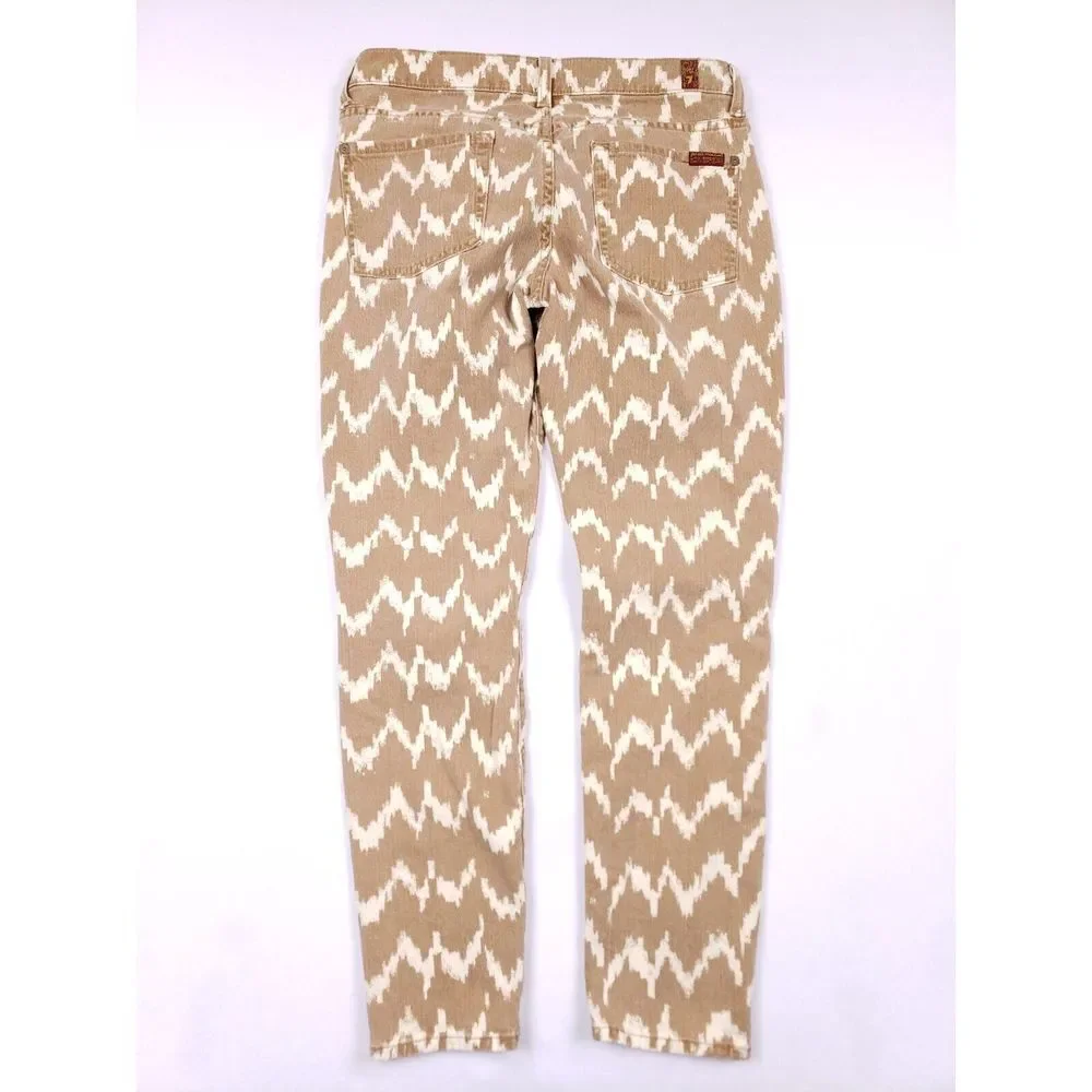 7 For All‎ Mankind Cropped Skinny Jeans Beige White Ikat Print 27 Stretch Denim - Picture 2 of 9